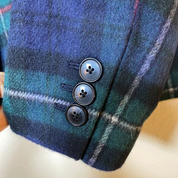 Talbots Womens Italian Wool Plaid Double Breasted Blazer Navy Green Tartan Sz 8 - Picture 8 of 10